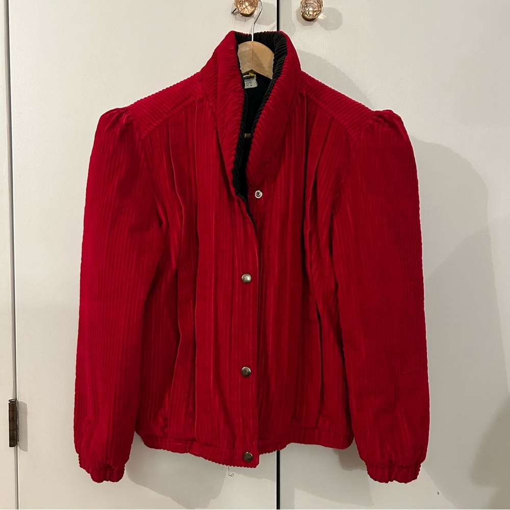 Super cuter vintage red corduroy coat with puff shoulders